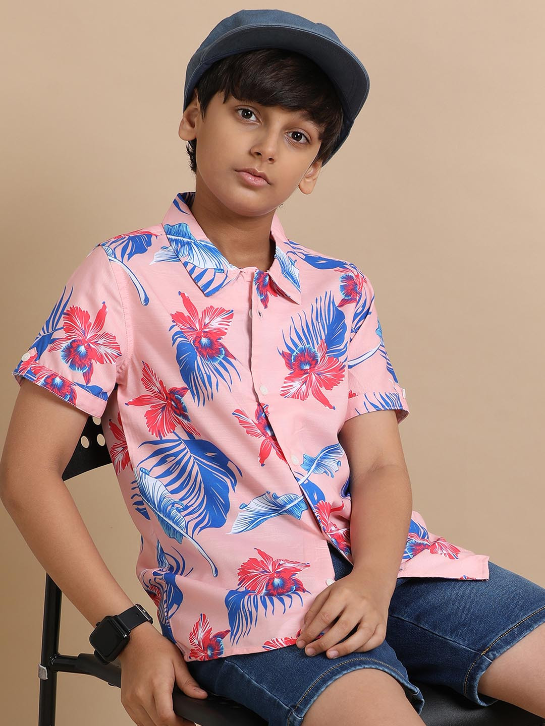 The Lion and The Fish Boys Relaxed Fit Tropical Flower Printed Cuban Collar Shirt