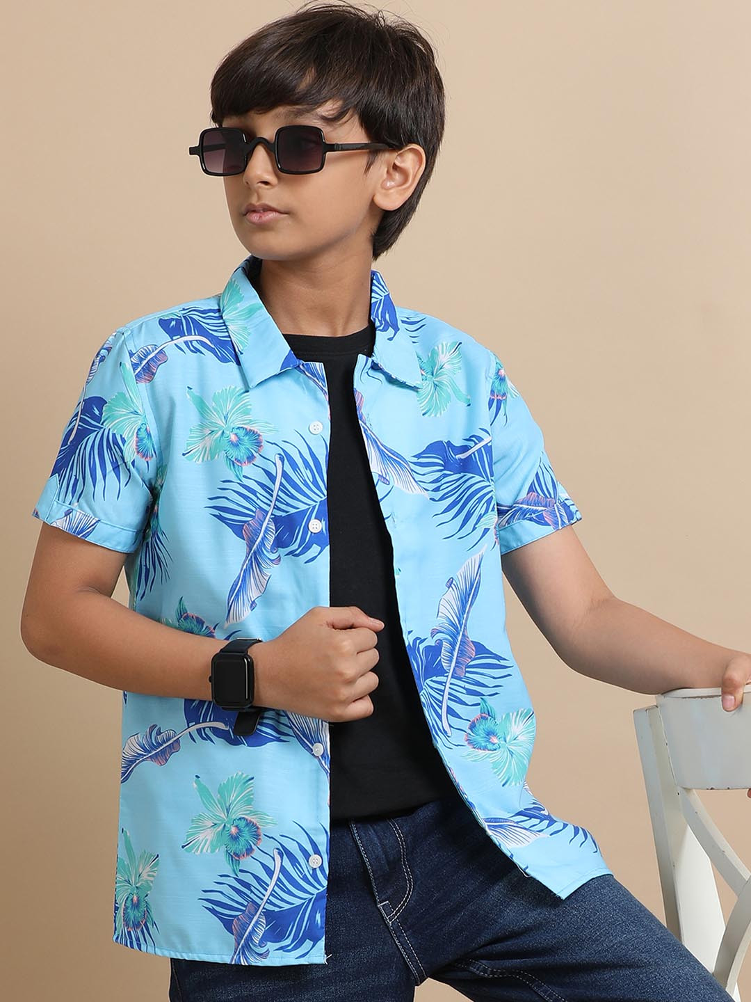 The Lion and The Fish Boys Relaxed Fit Tropical Flower Printed Cuban Collar Shirt