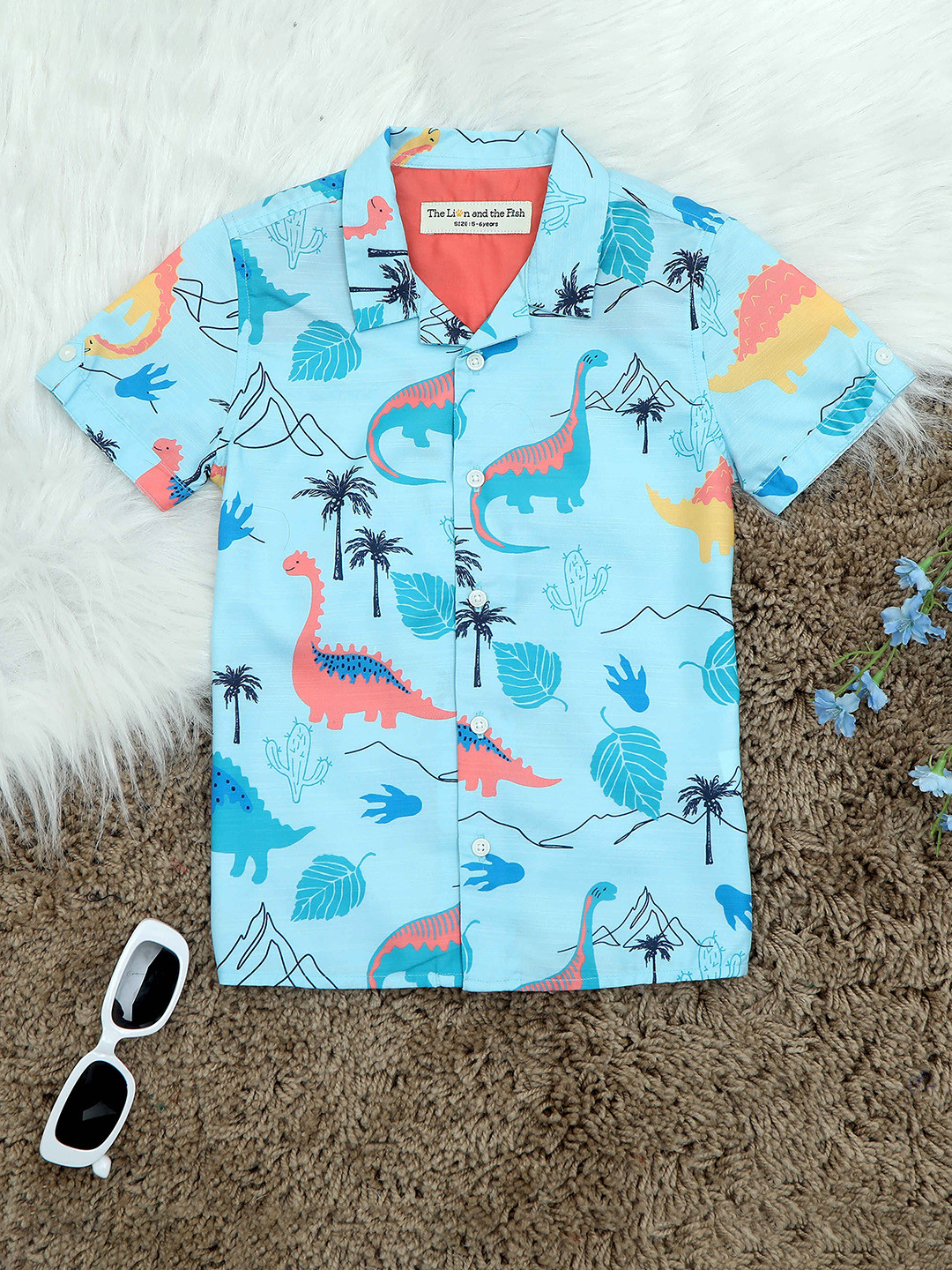 The Lion and The Fish Boys Dinosaur Printed Cuban Collar Casual Shirt