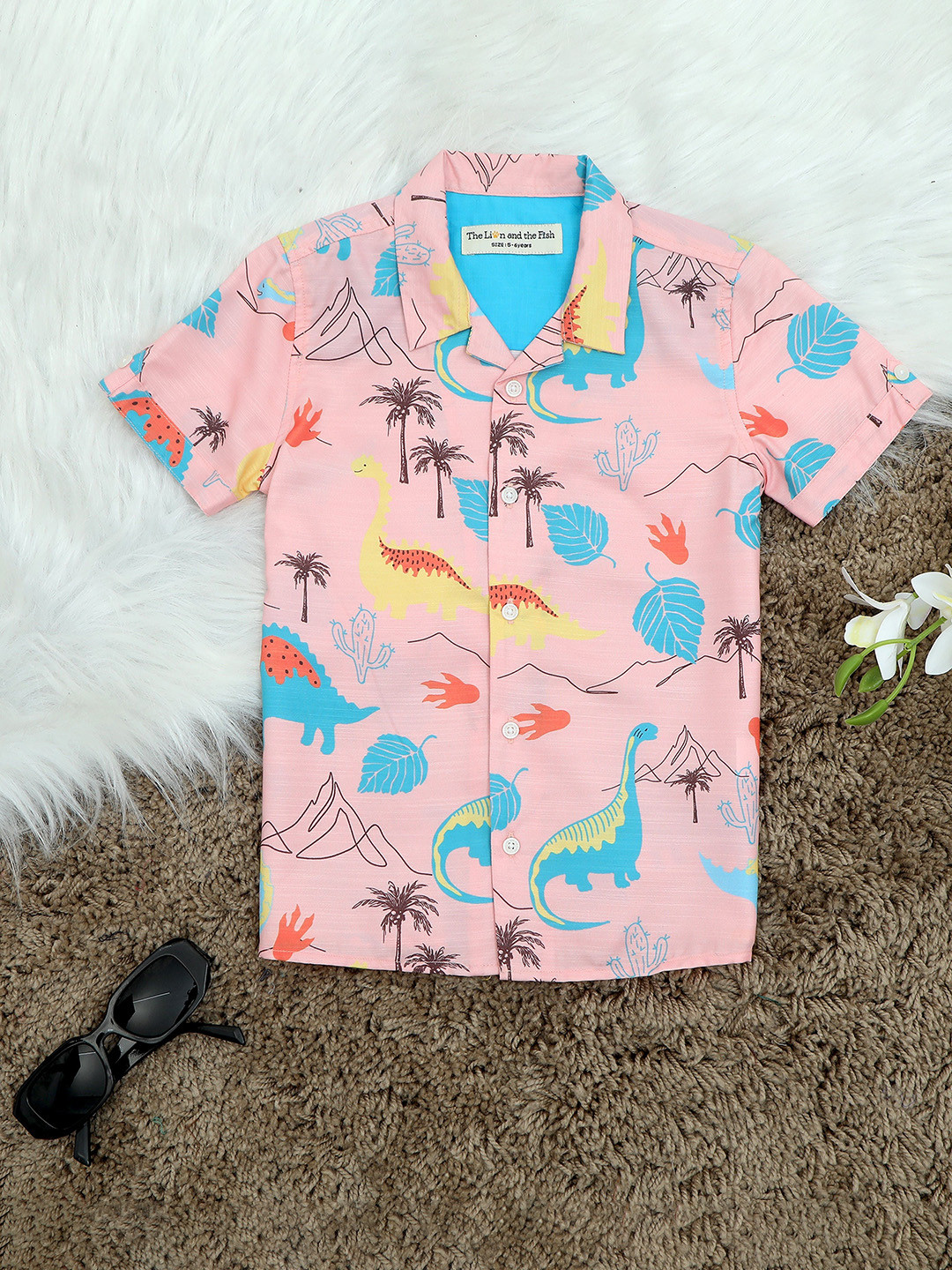 The Lion and The Fish Boys Relaxed Fit Dinosaur Print Cuban Collar Shirt