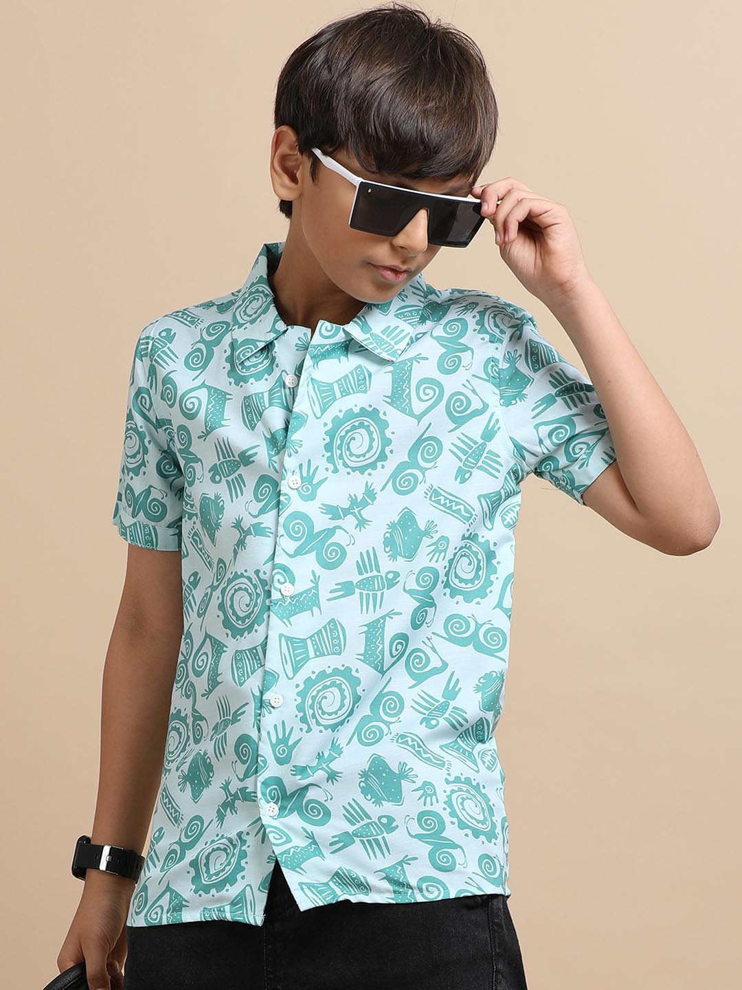 The Lion and The Fish Boys Relaxed Fit African Printed Casual Cuban Collar Shirt