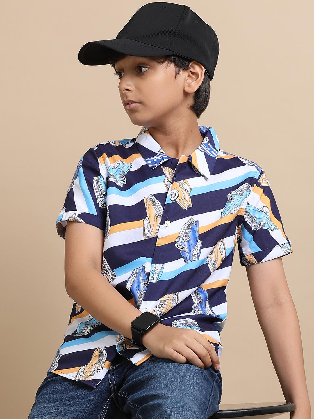 The Lion and The Fish Boys Relaxed Fit Car Printed Cuban Collar Shirt