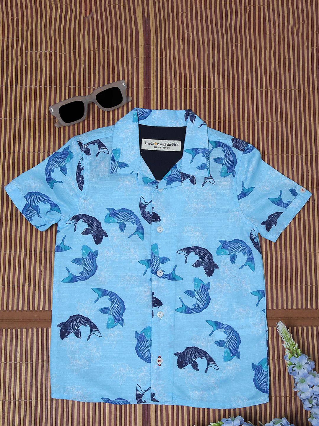 The Lion and The Fish Boys Relaxed Fit Dolphine Print Cuban Collar Shirt