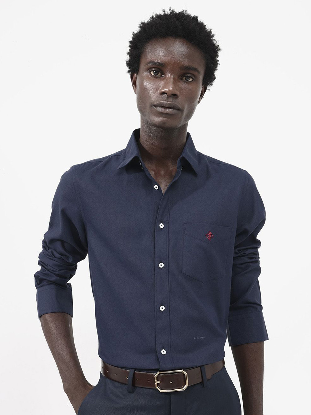 RARE RABBIT Men Oxfom Regular Fit Solid Spread Collar Shirt