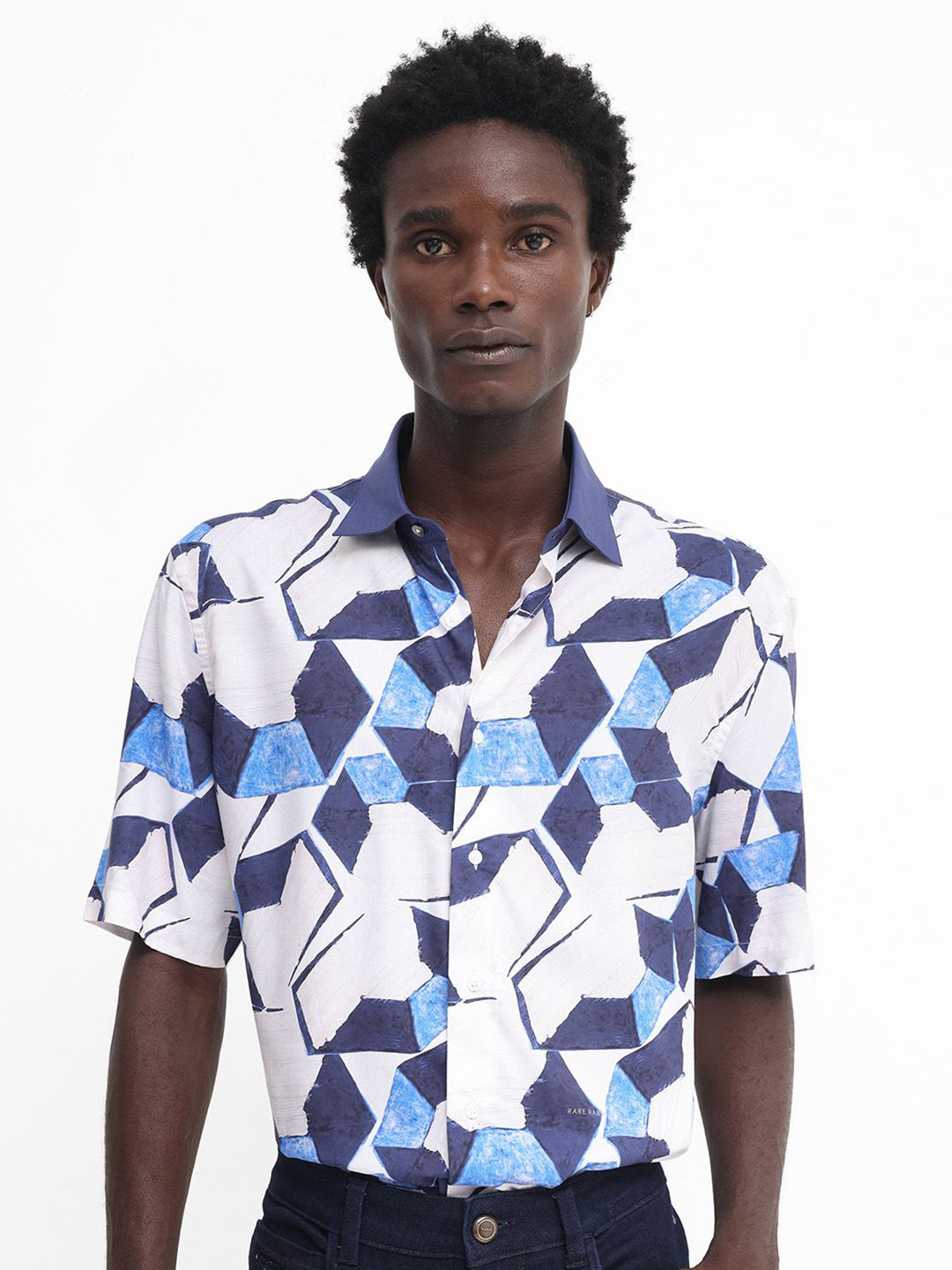 RARE RABBIT Men Lego Spread Collar Boxy Printed Shirt