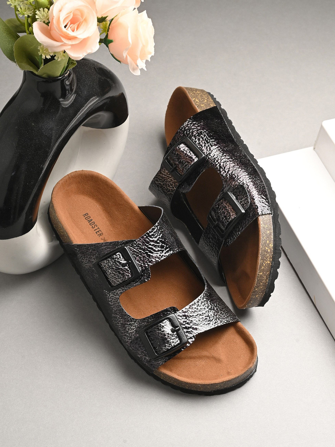 The Roadster Lifestyle Co. Textured Buckles Open Toe Comfort Flats