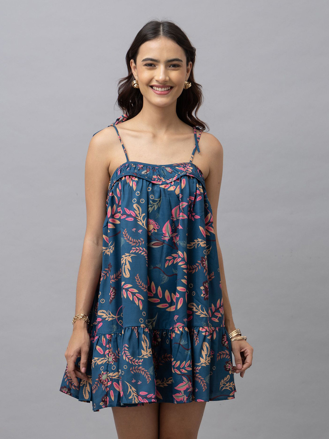HAUTEQUE Floral Print Shoulder Straps A-Line Mini Dress