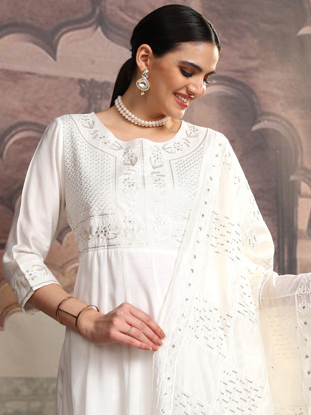 Vishudh White Floral Yoke Design Regular Sequinned Anarkali Kurta & Trousers With Dupatta