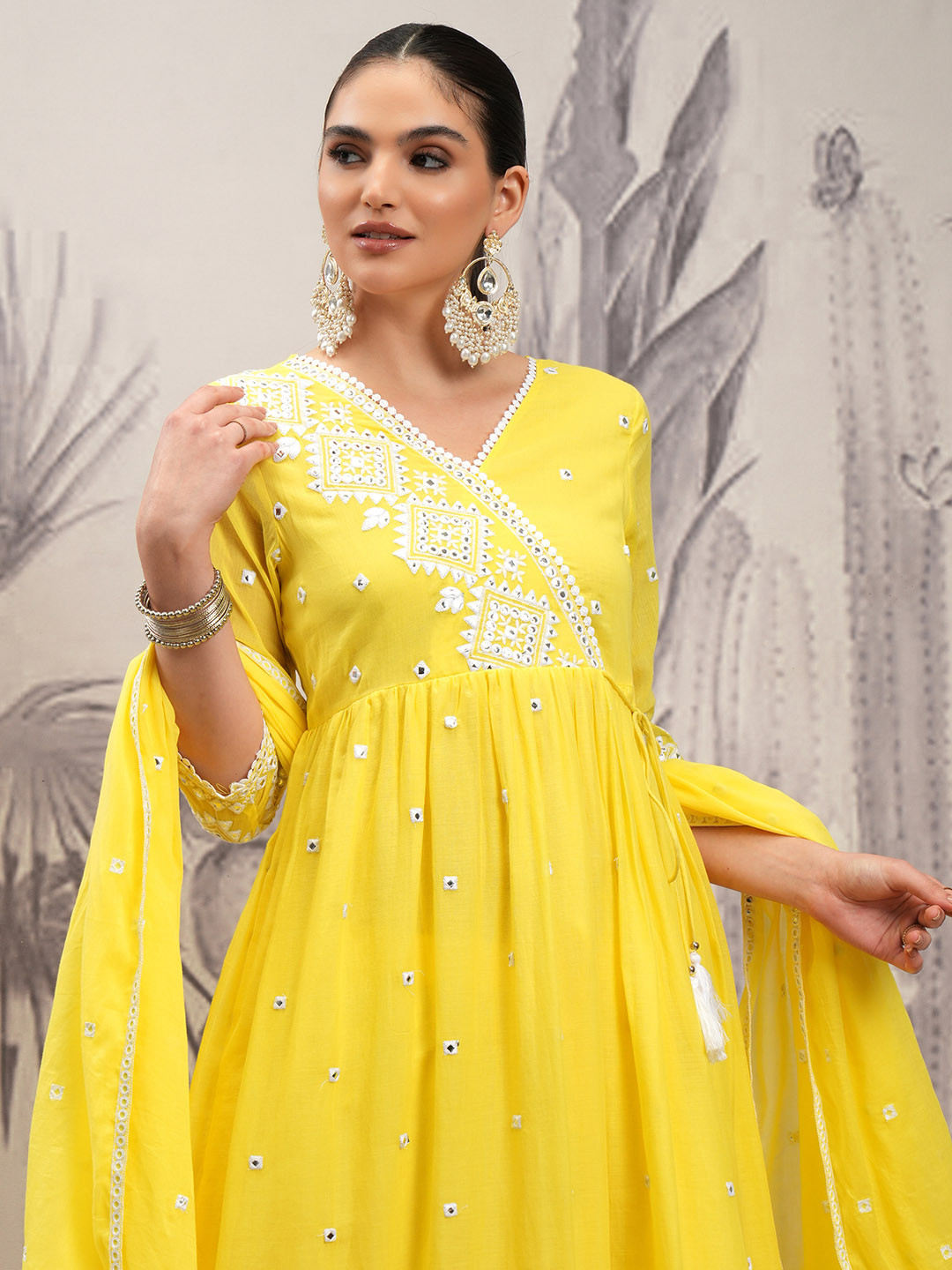 Vishudh Yellow Embroidered Mirror Work Pure Cotton Anarkali Kurta With Trousers & Dupatta