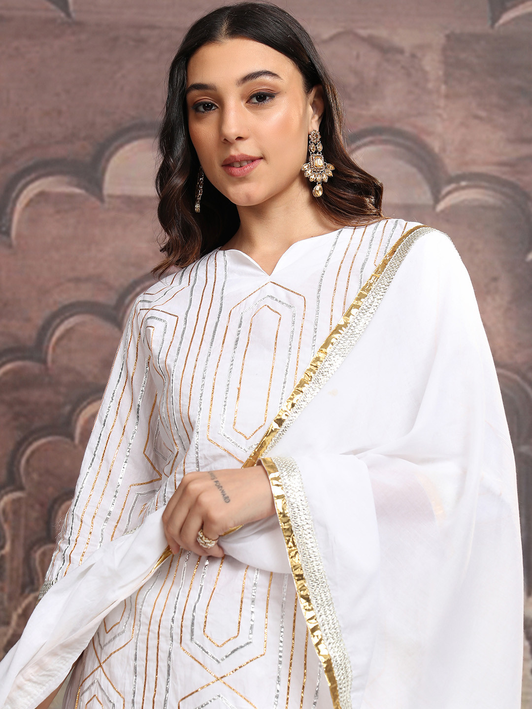 Vishudh White & Gold Embroidered Gotta Patti Pure Cotton Kurta with Trousers & Dupatta
