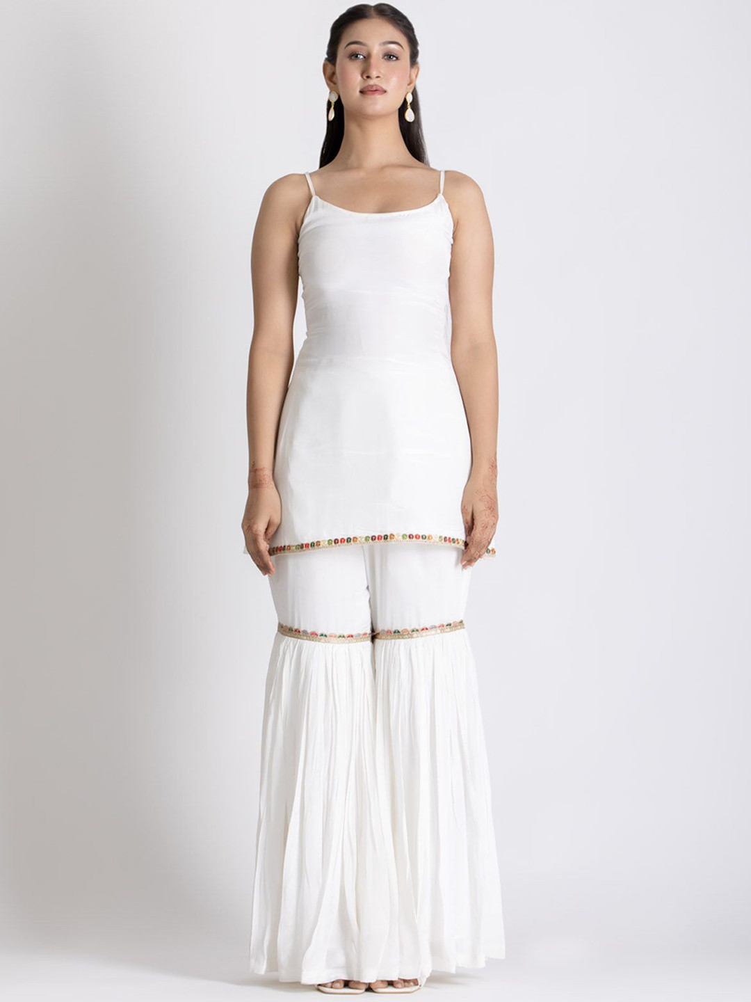 Bee Boe Shoulder Straps Silk Crepe Straight Kurta with Sharara & Dupatta