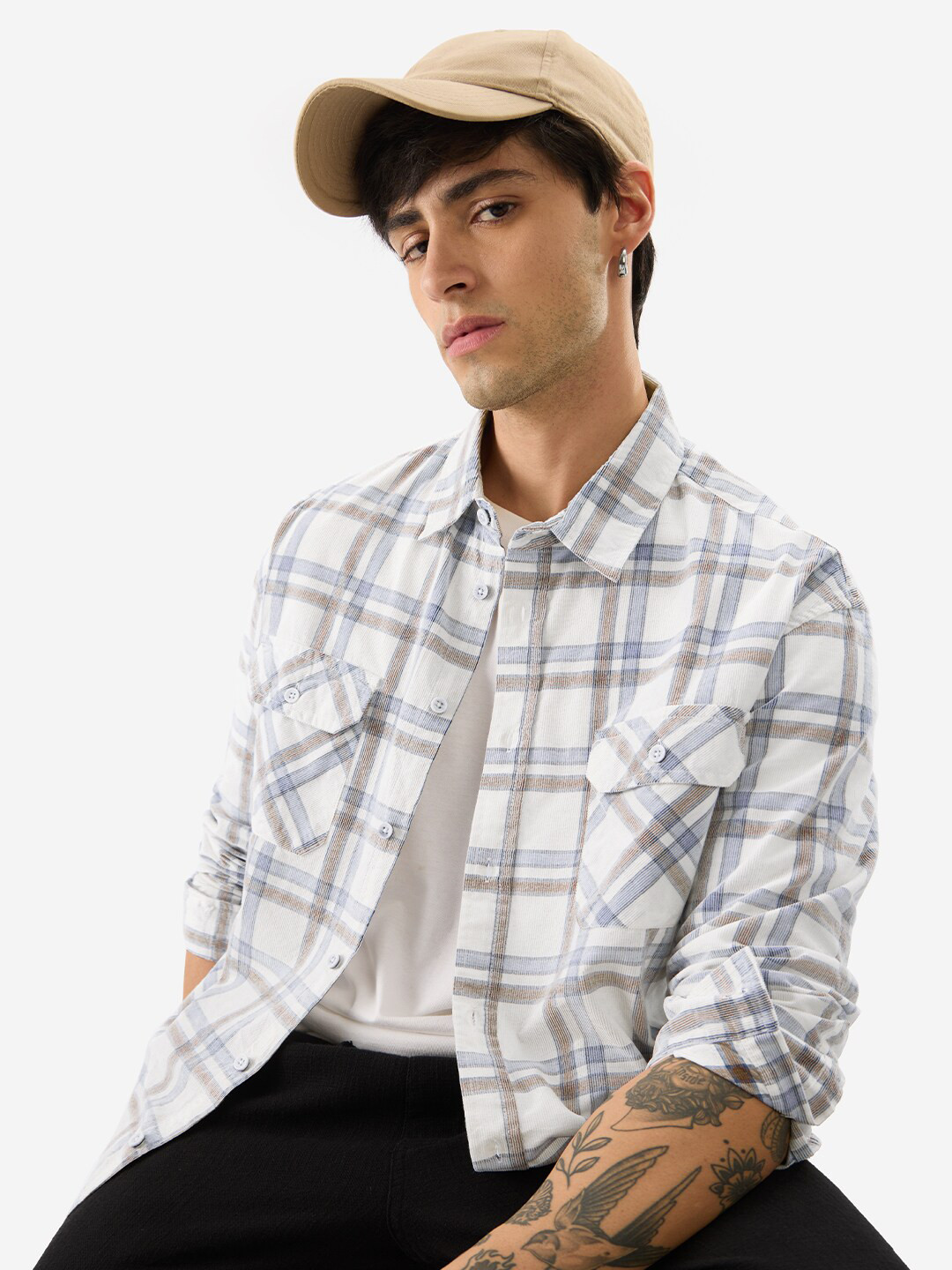 The Souled Store Men Relaxed Fit Checked Off White Shirts