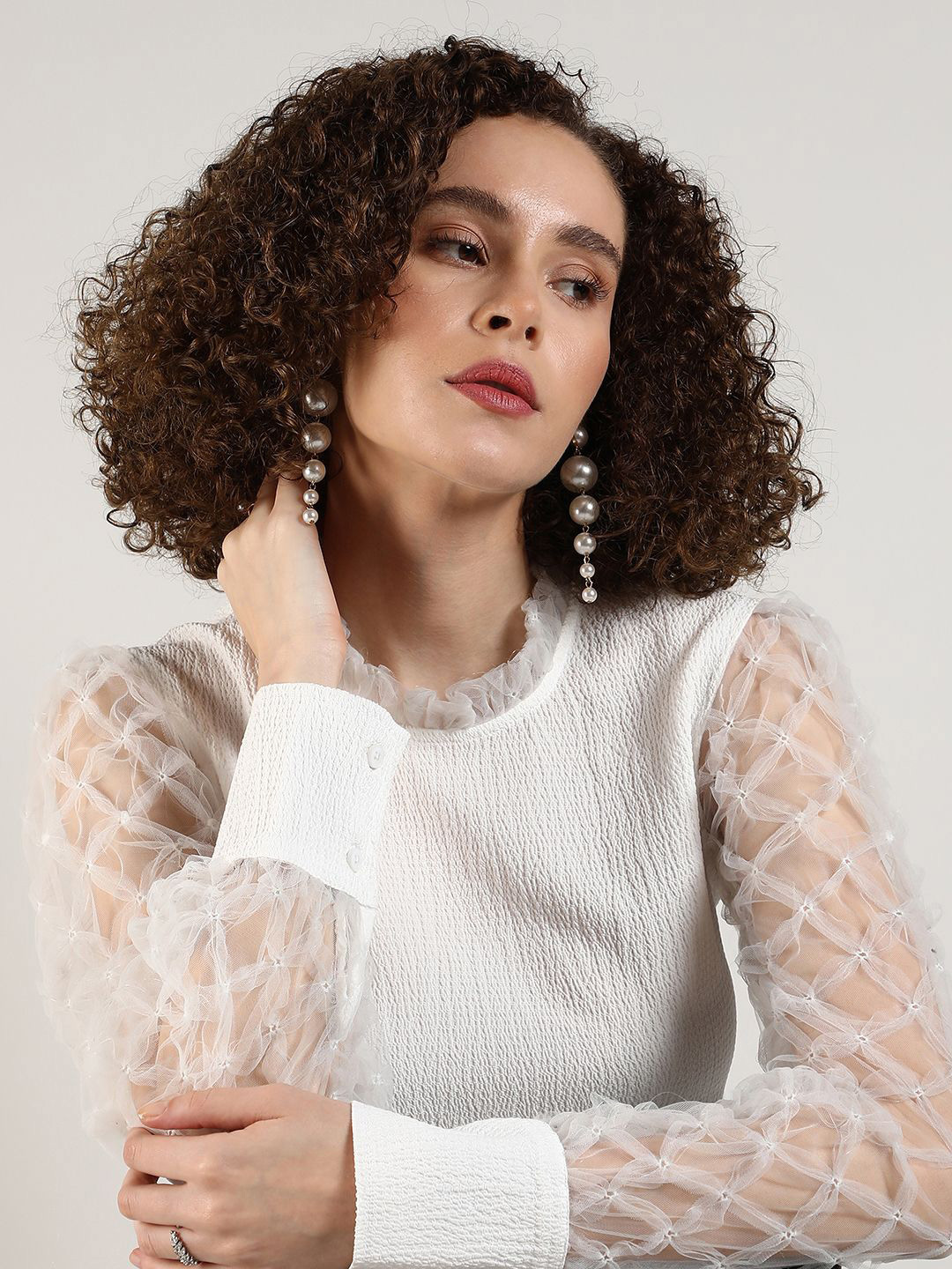 Campus Sutra Self Design Textured High Neck Cuffed Sleeves Semi Sheer Casual Top