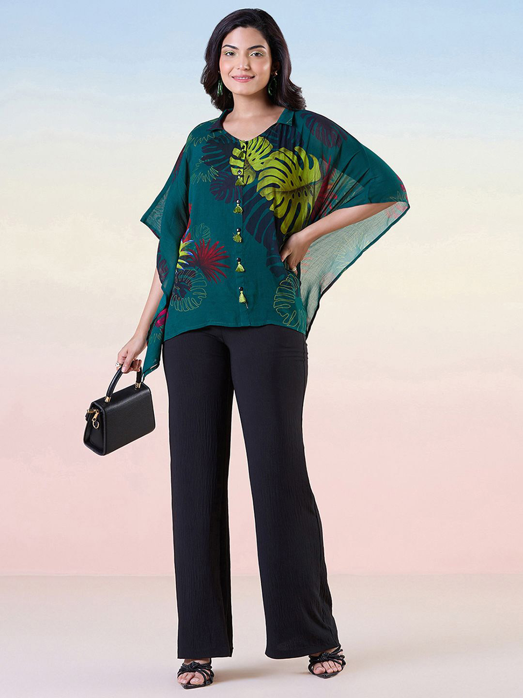 navyasa by liva Floral Print Kimono Sleeve Liva Kaftan Top