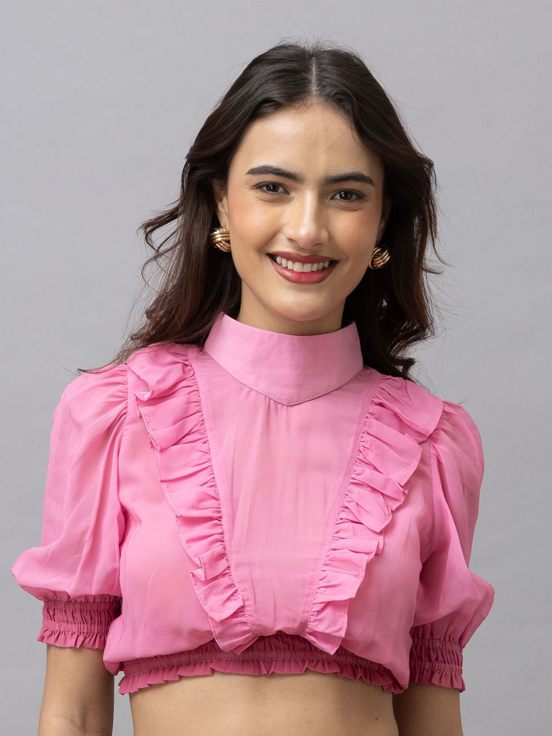 HAUTEQUE Ruffles Puff Sleeve Crop Blouson Top