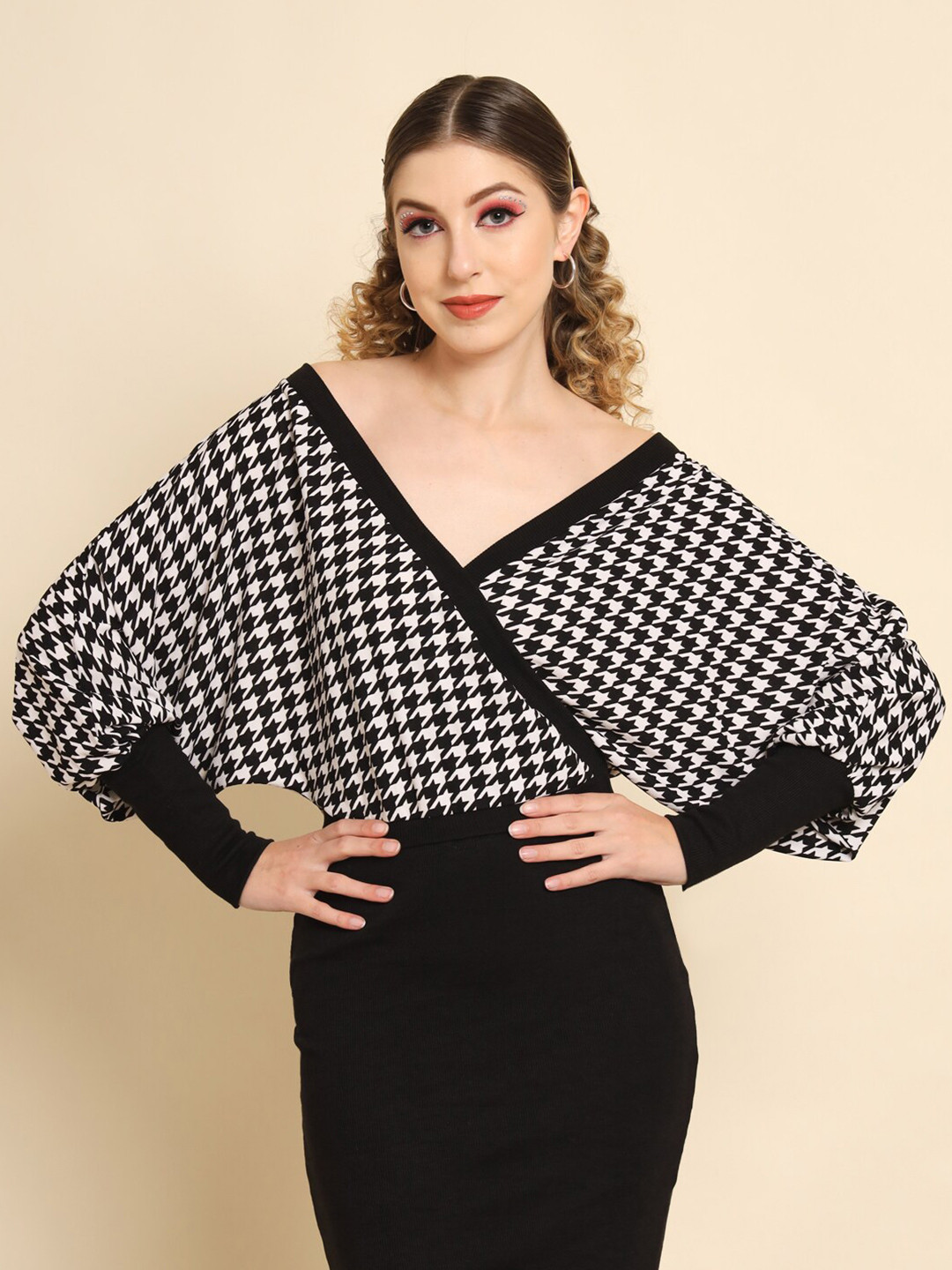 TANDUL Checked Puff Sleeve Jacquard Wrap Dress