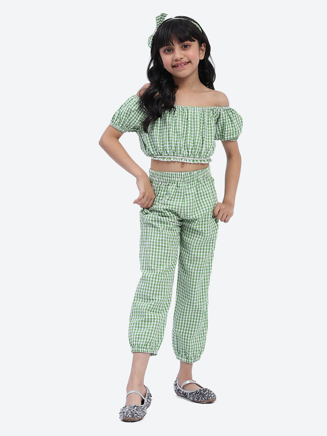 ShilpShakti Girls Checked Off-Shoulder Puff Sleeve Crop Top With Trouser & Hairband