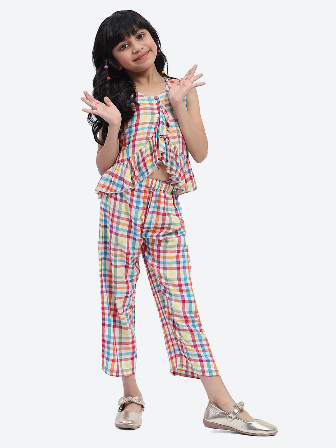 ShilpShakti Girls Checked V-Neck Ruffles Top & Trouser