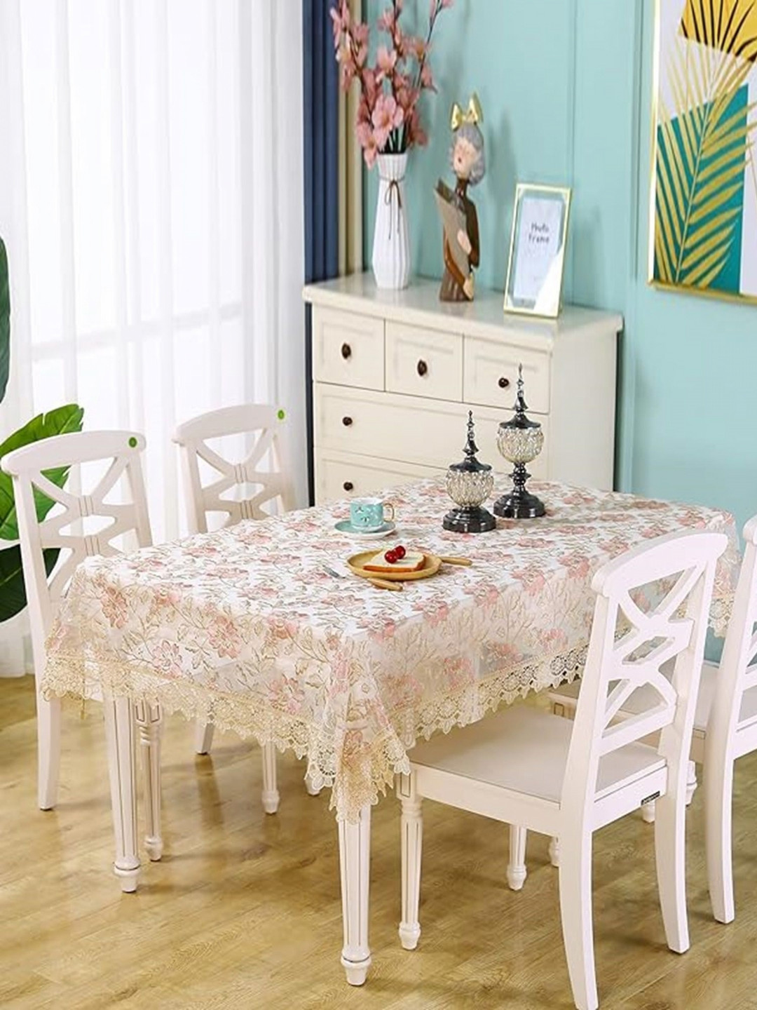 TANLOOMS Pink Floral Anti-Skid 4-Seater Table Cover with Embroidered details