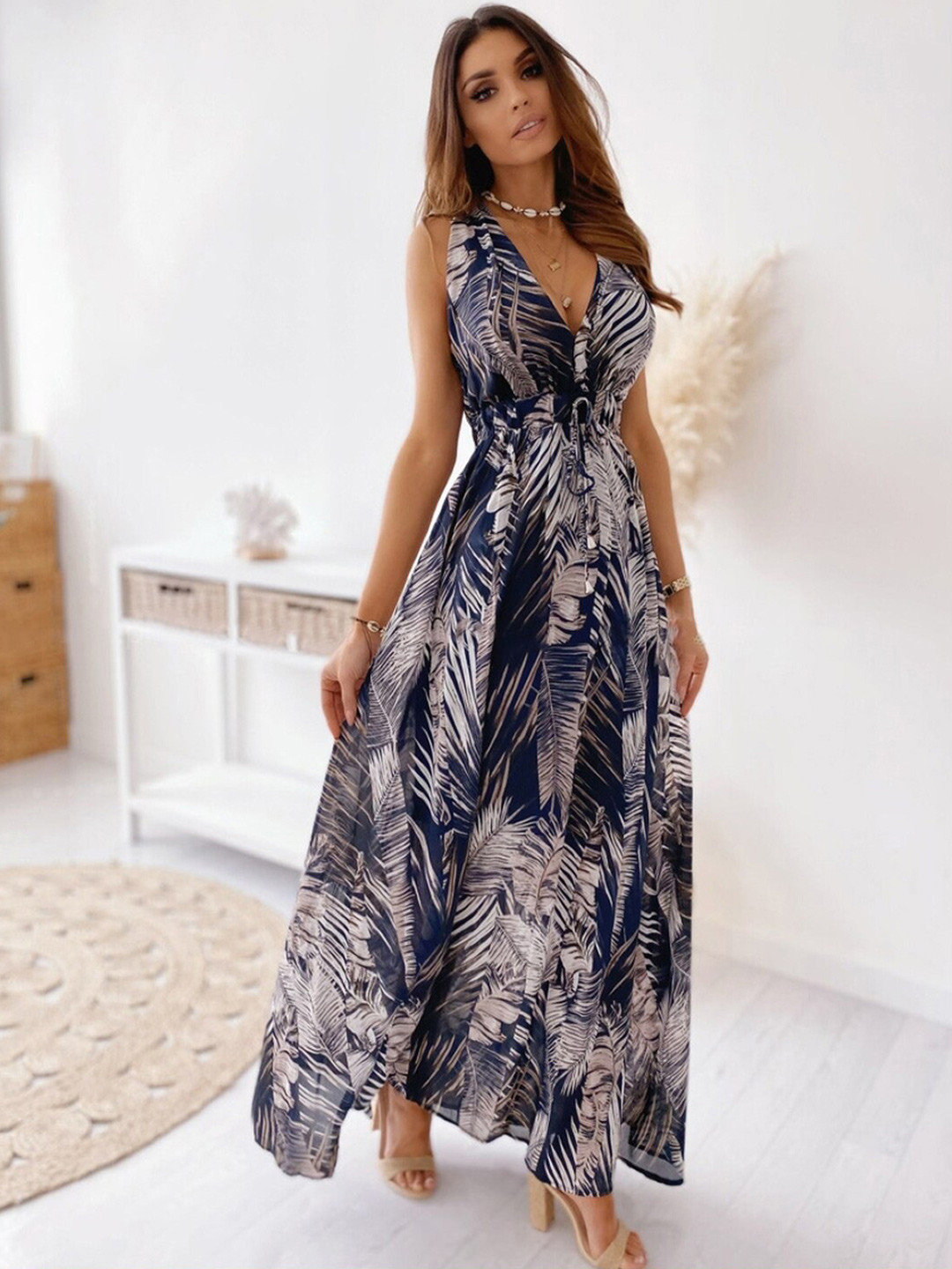 StyleCast Navy Blue V-Neck Floral Printed Maxi Dress