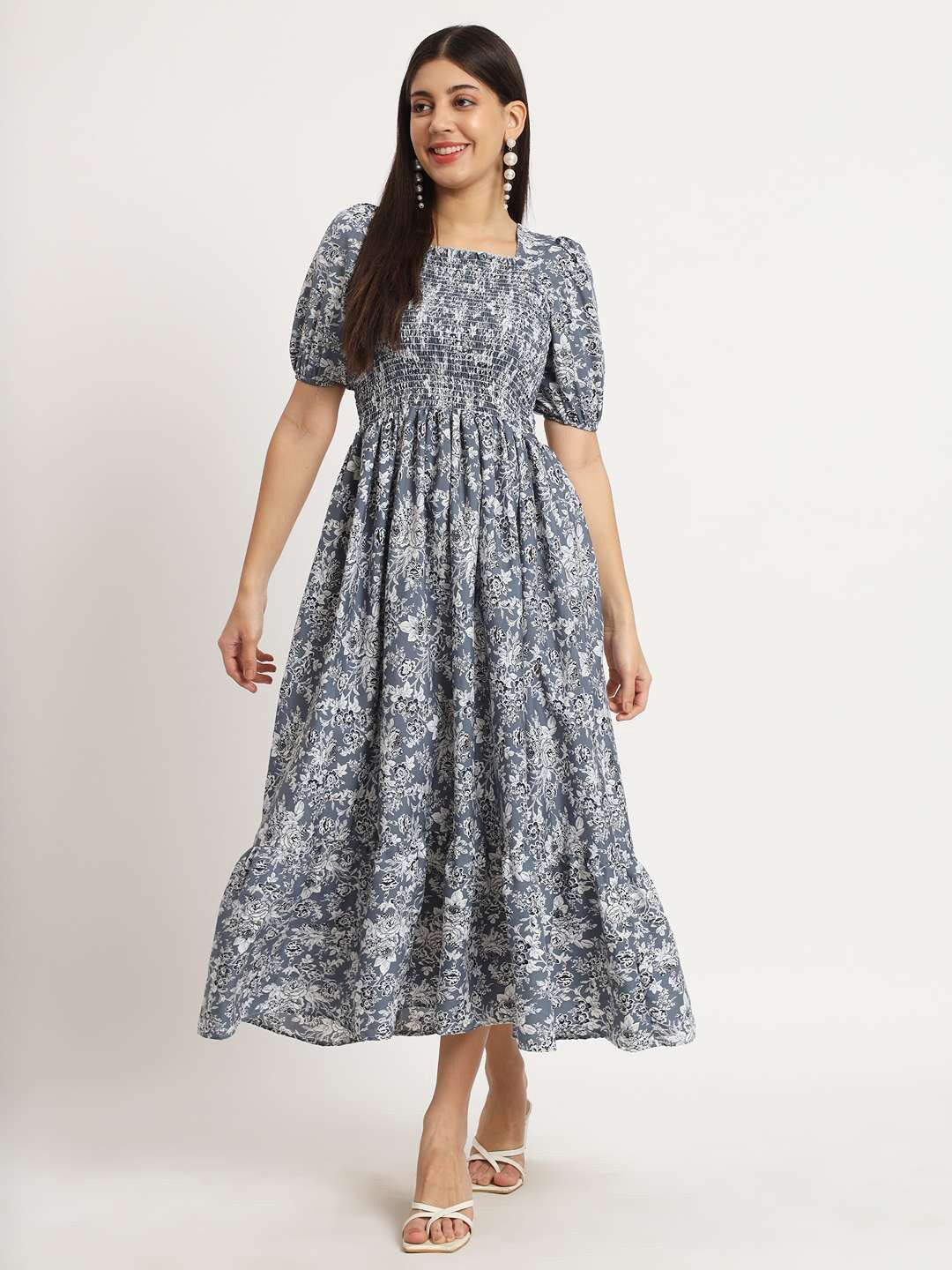OTABU Women Floral Printed Square Neck Puff Sleeve Crepe Fit & Flare Midi Dress