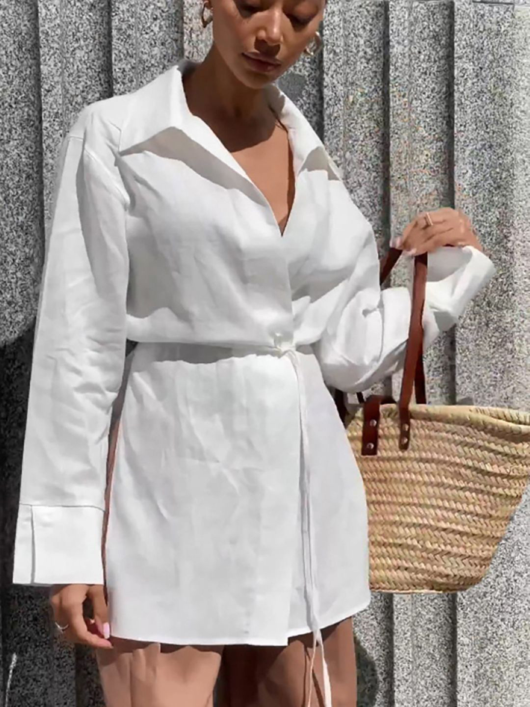 StyleCast White Shirt Collar Solid Cuffed Sleeves Side Slits Cotton Casual Tunics