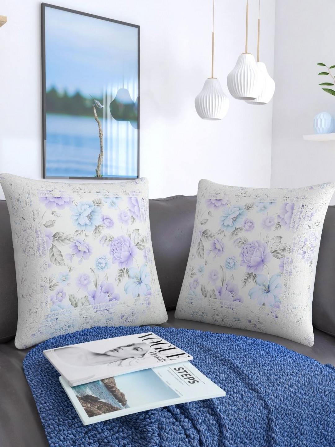 MONKDECOR Lace Border Floral Jute Cotton Washable 2 Pcs Square Cushion Covers - 24 x 24 In