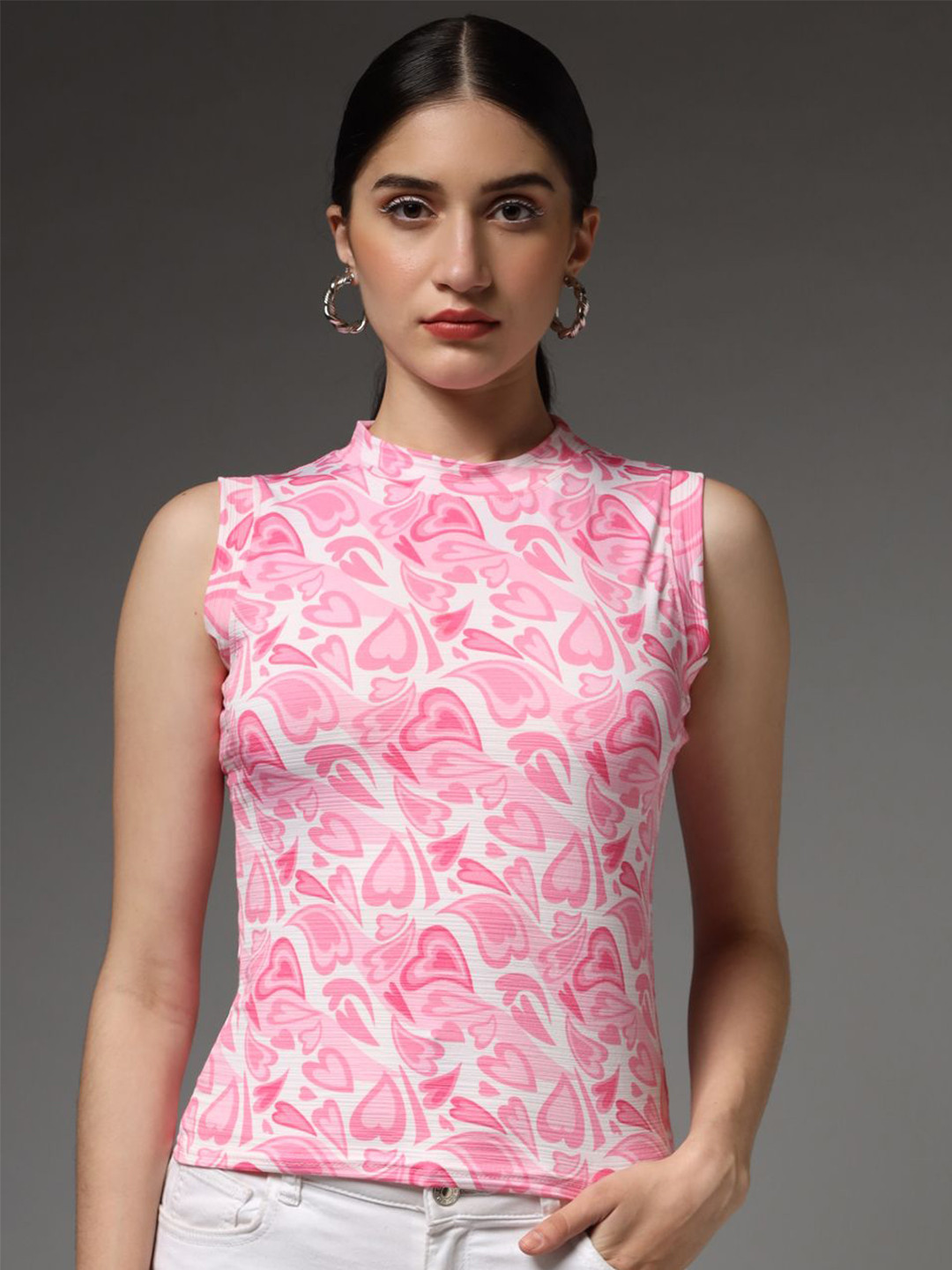 TANDUL Geometric Print High Neck Sleeveless Top