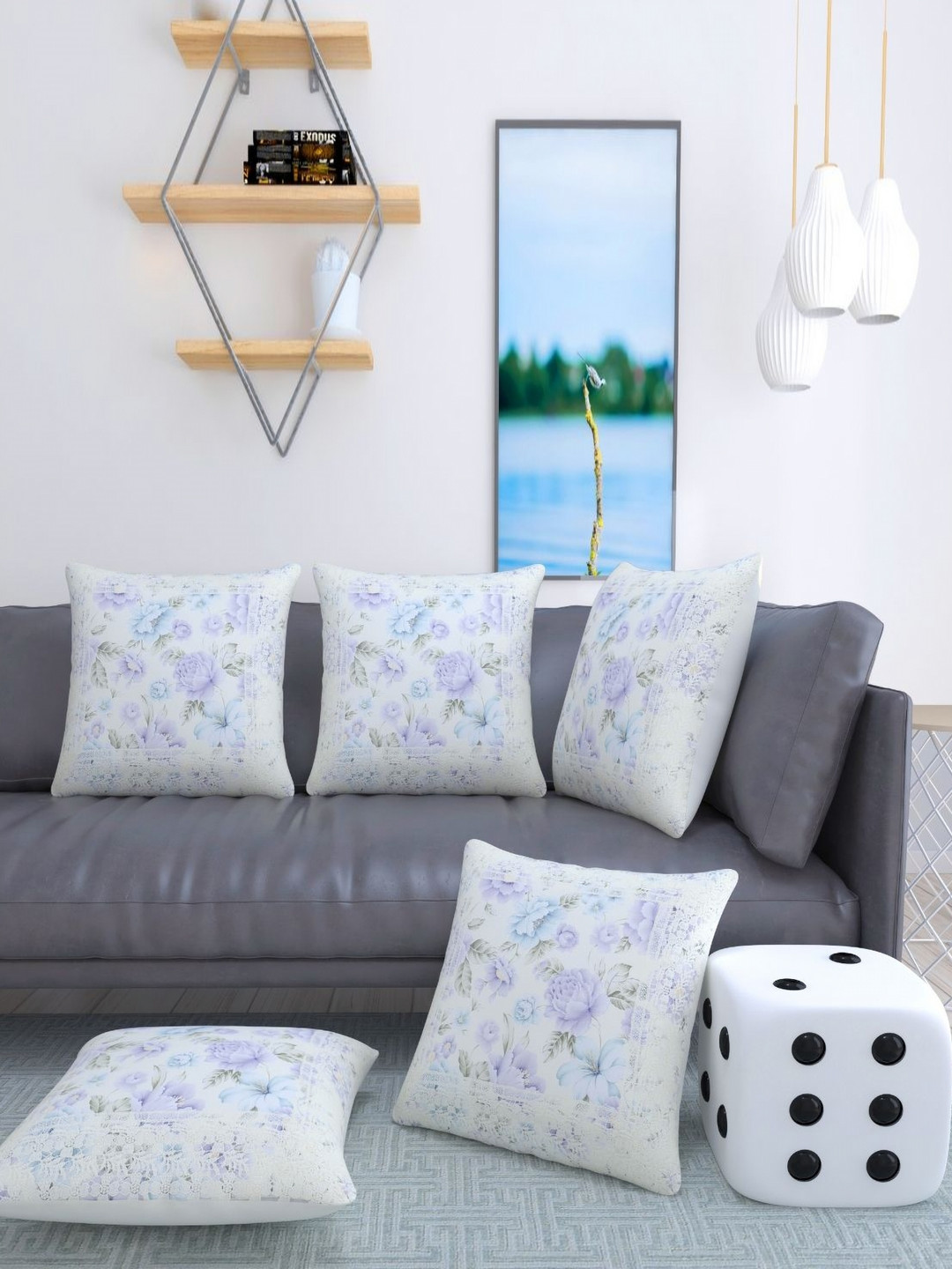 TANLOOMS Floral Blue Floral Jute Cotton 5 Pcs Embroidered Cushion Covers -15.7x15.7In