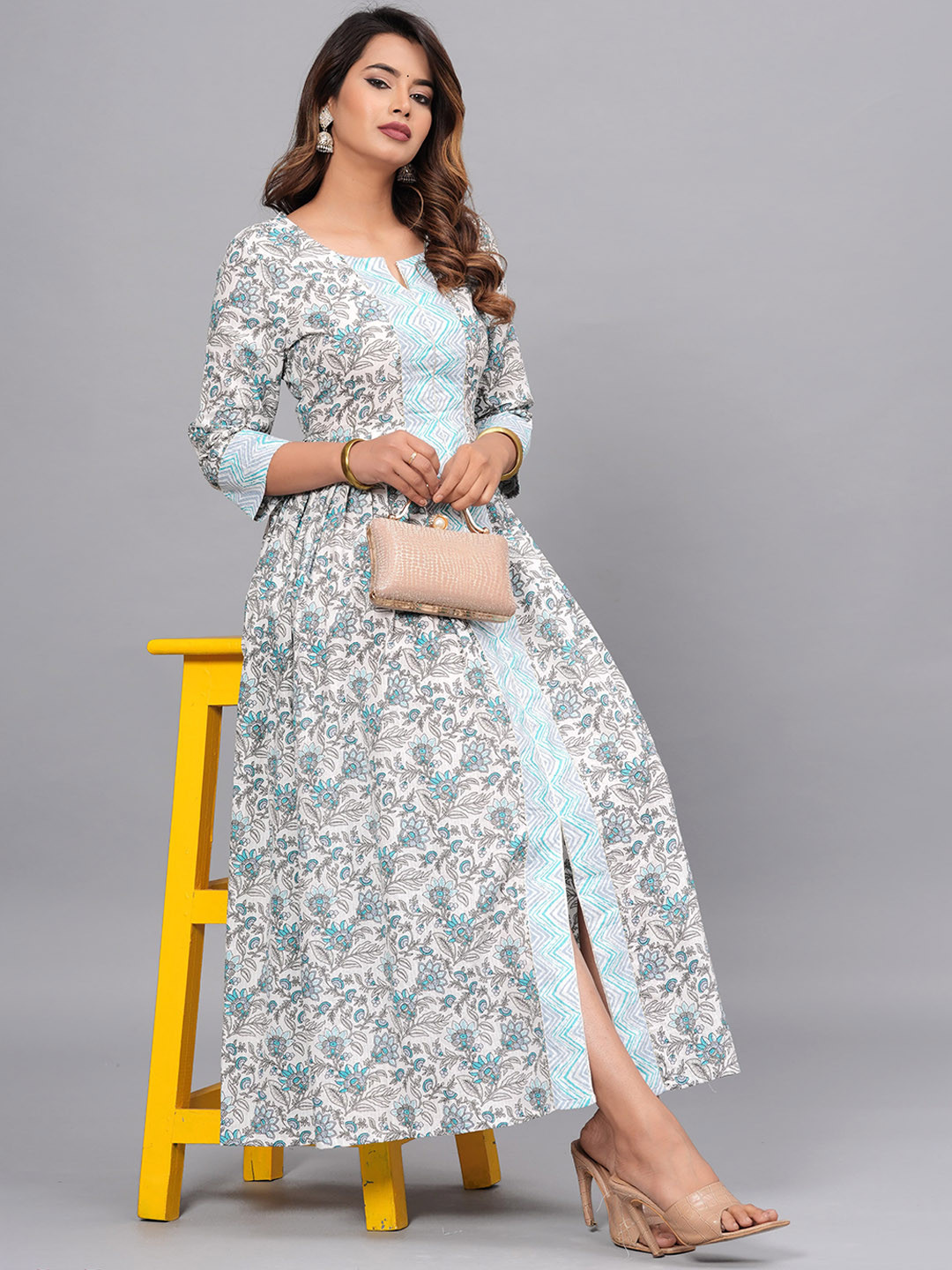 KALINI Notch Neck Floral Printed Cotton Anarkali Kurta