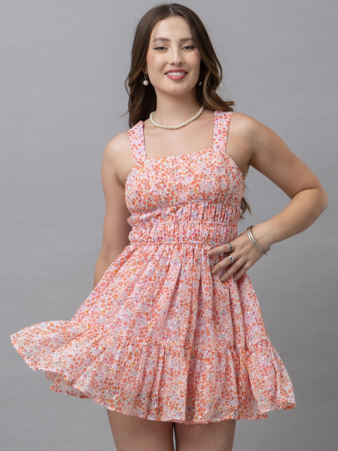 HAUTEQUE Women Floral Printed Shoulder Straps Sleeveless Fit & Flare Mini Dress
