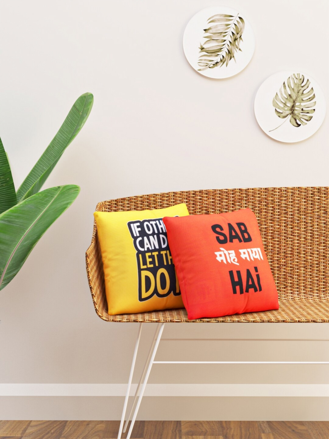 HAPPY HUES Text Design Yellow Typography Polycotton Washable 2 Pcs Cushion Covers -16x16In
