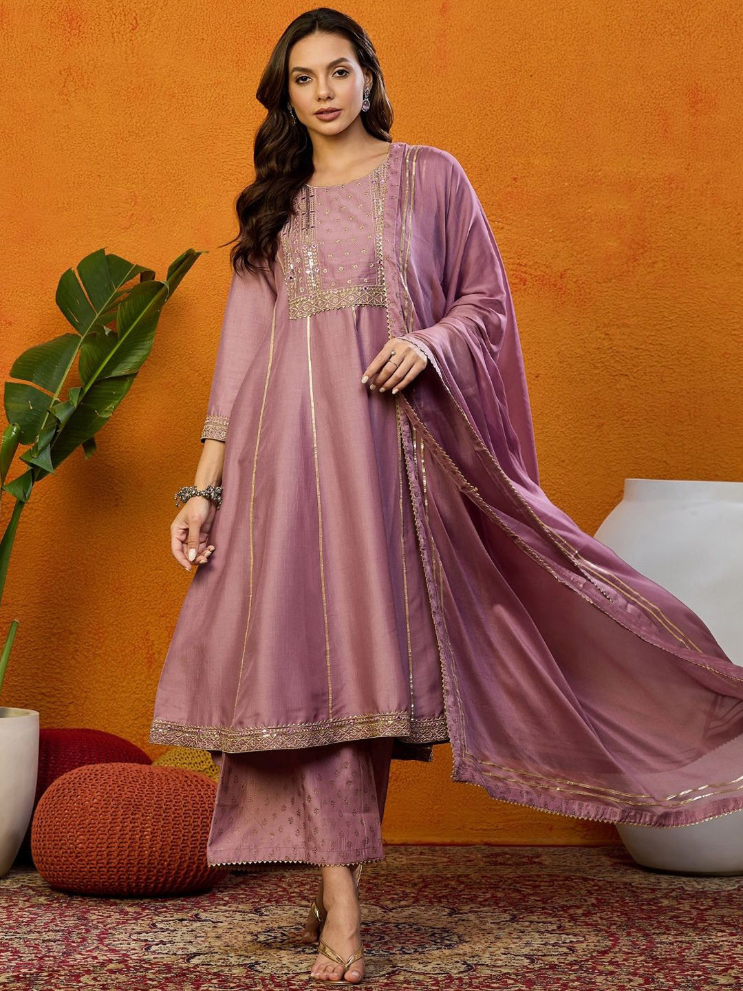 KALINI Floral Embroidered Regular Sequinned Kurta with Palazzos & With Dupatta
