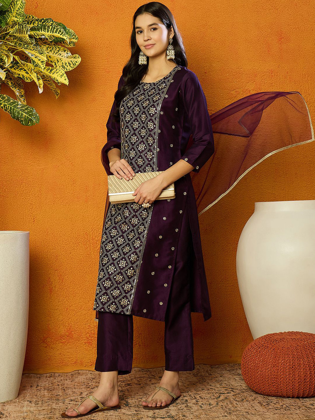 KALINI Ethnic Motifs Embroidered Sequinned Straight Kurta with Trousers & Dupatta