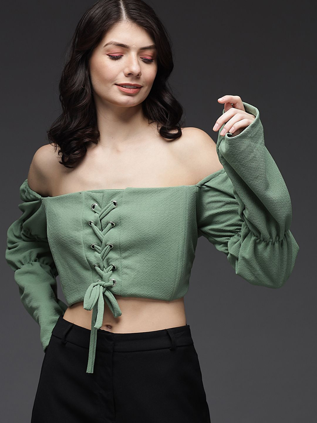 TANDUL Off-Shoulder Lace-Up Bardot Crop Top