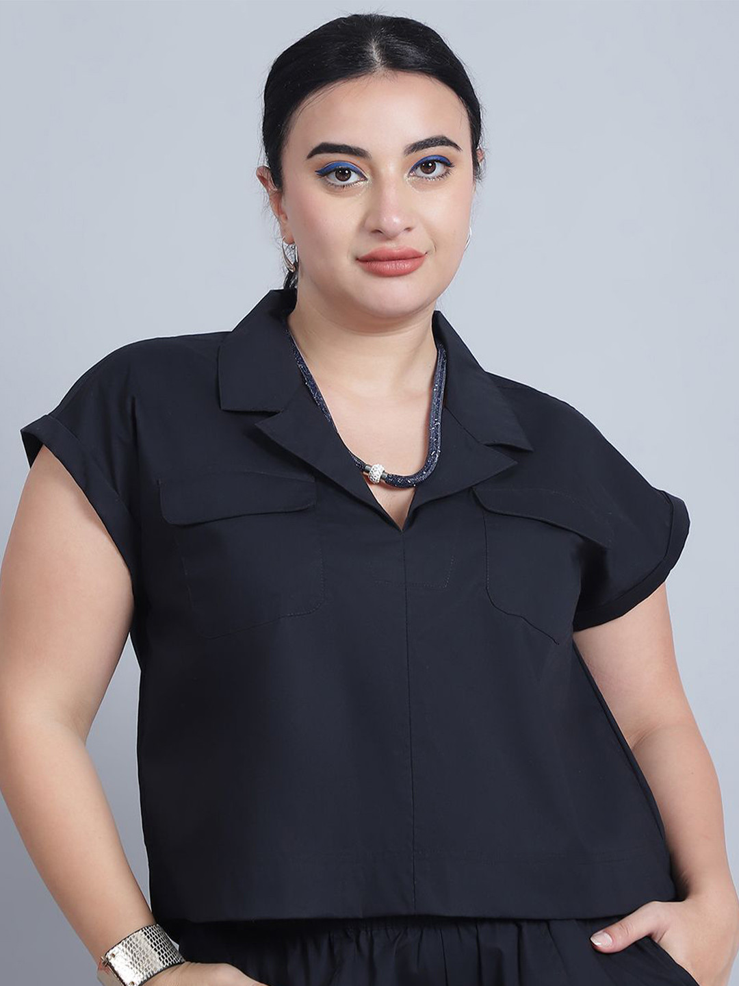 Baawri Solid Cuban Collar Pocket Top