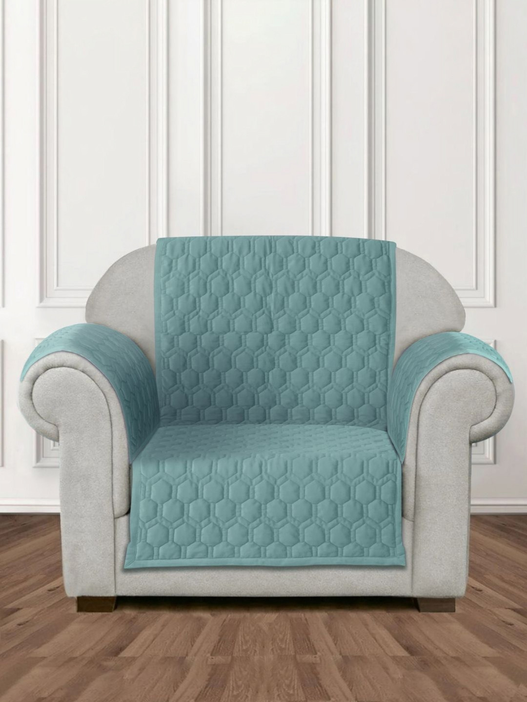 eyda Sea Green Honey Comb Quilted Velvet 1 Seater Anti Skid Sofa Cover & 2 pcs Hand Rest