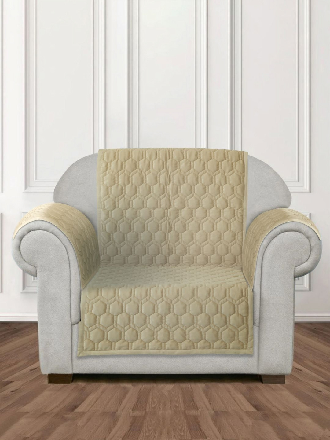 eyda Beige Honey Comb Quilted Velvet 1 Seater Anti Skid Sofa Cover with 2 pcs Hand Rest