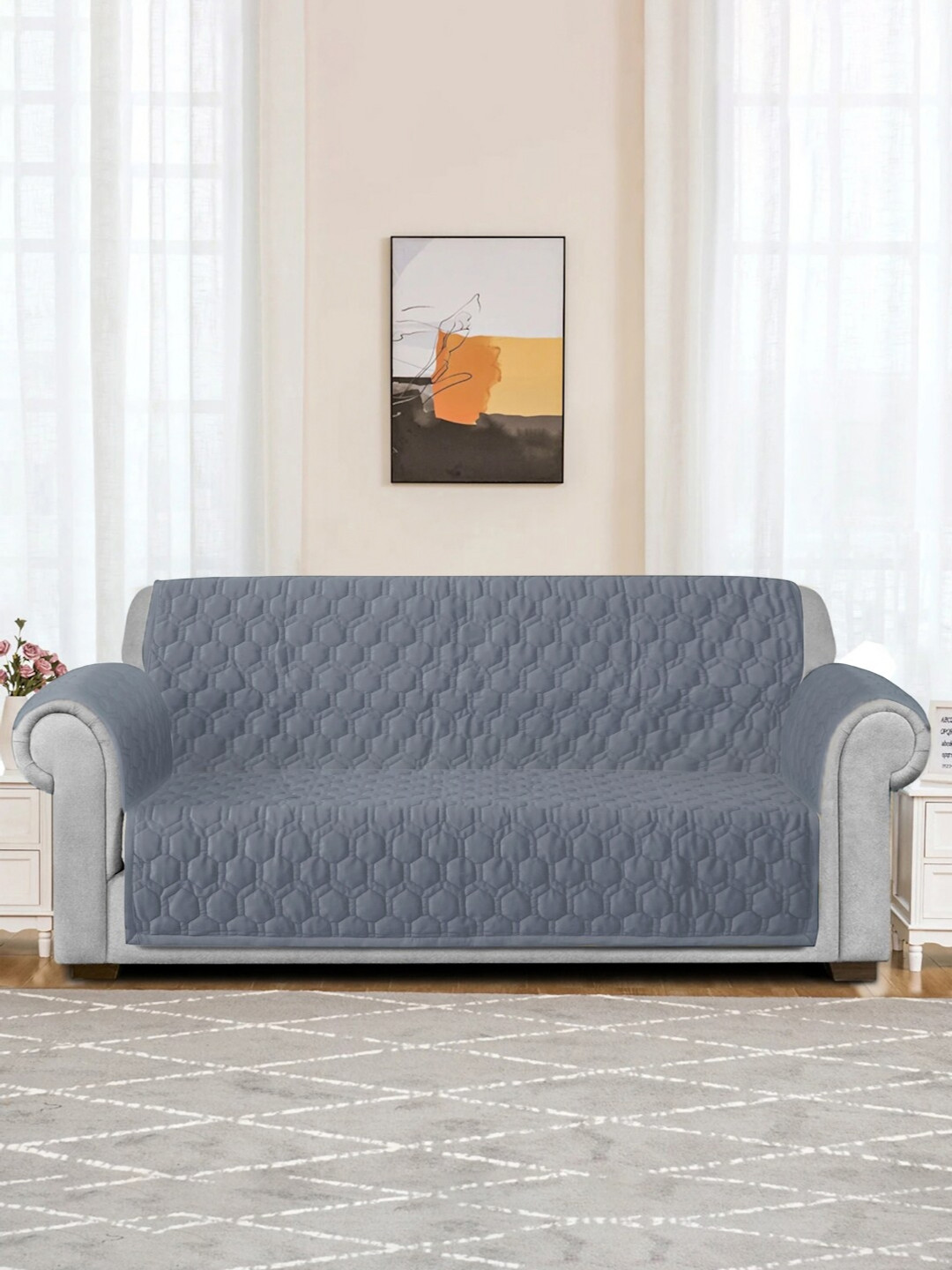 eyda Grey Honey Comb Quilted Velvet 3 Seater Anti Skid Sofa Cover with 2 pcs Hand Rest