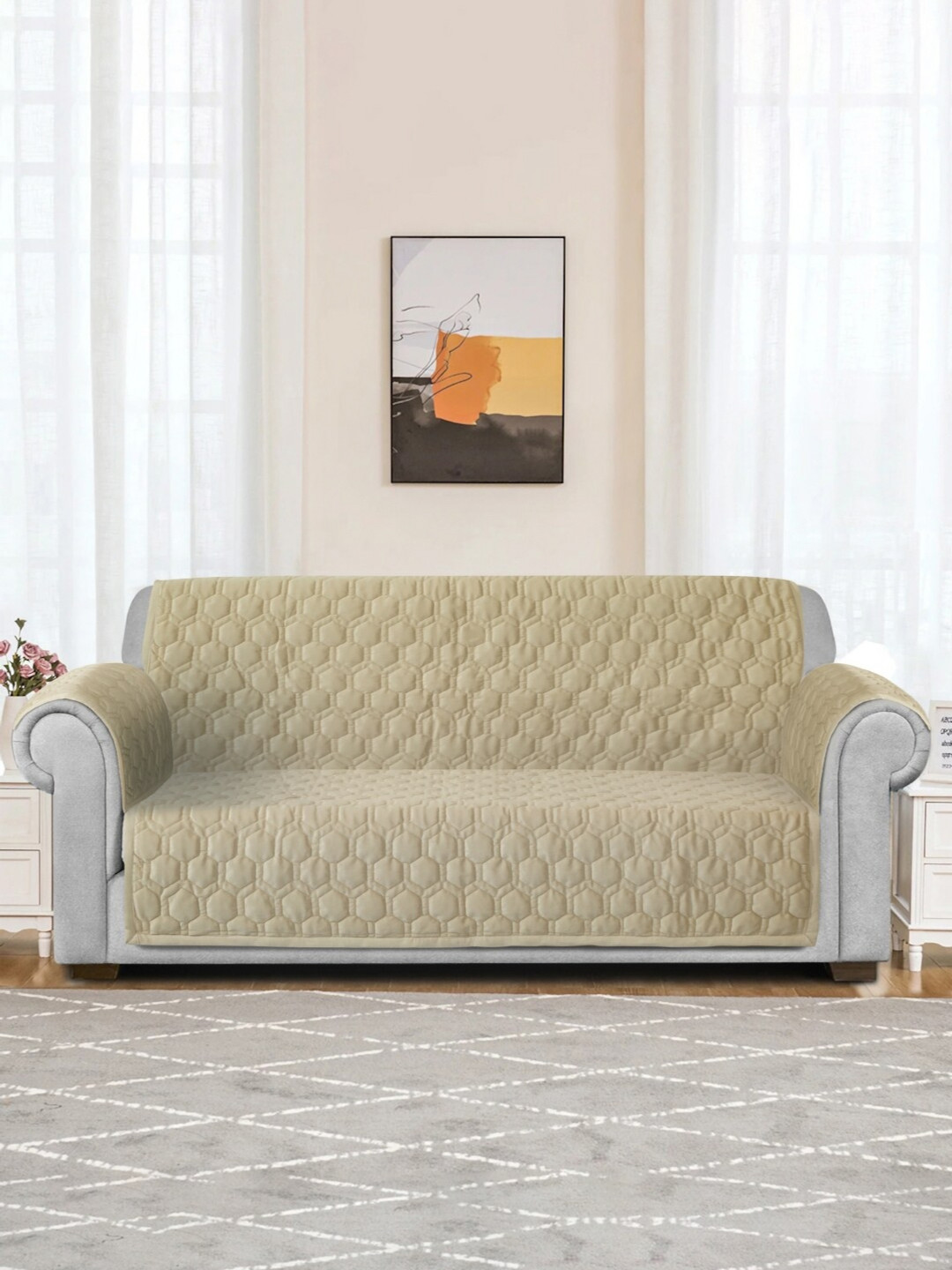 eyda Beige Honey Comb Quilted Velvet 3 Seater Anti Skid Sofa Cover with 2 pcs Hand Rest