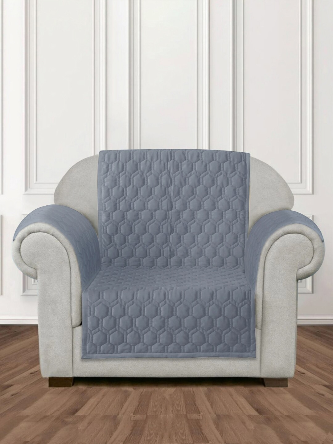 eyda Grey Honey Comb Quilted Velvet 1 Seater Anti Skid Sofa Cover with 2 pcs Hand Rest