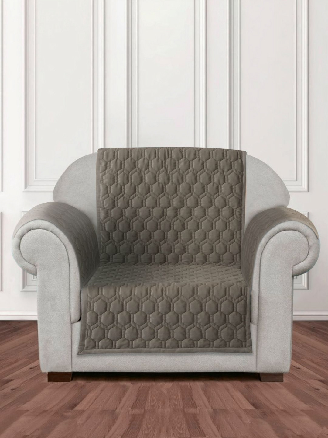 eyda Brown Honey Comb Quilted Velvet 1 Seater Anti Skid Sofa Cover with 2 pcs Hand Rest