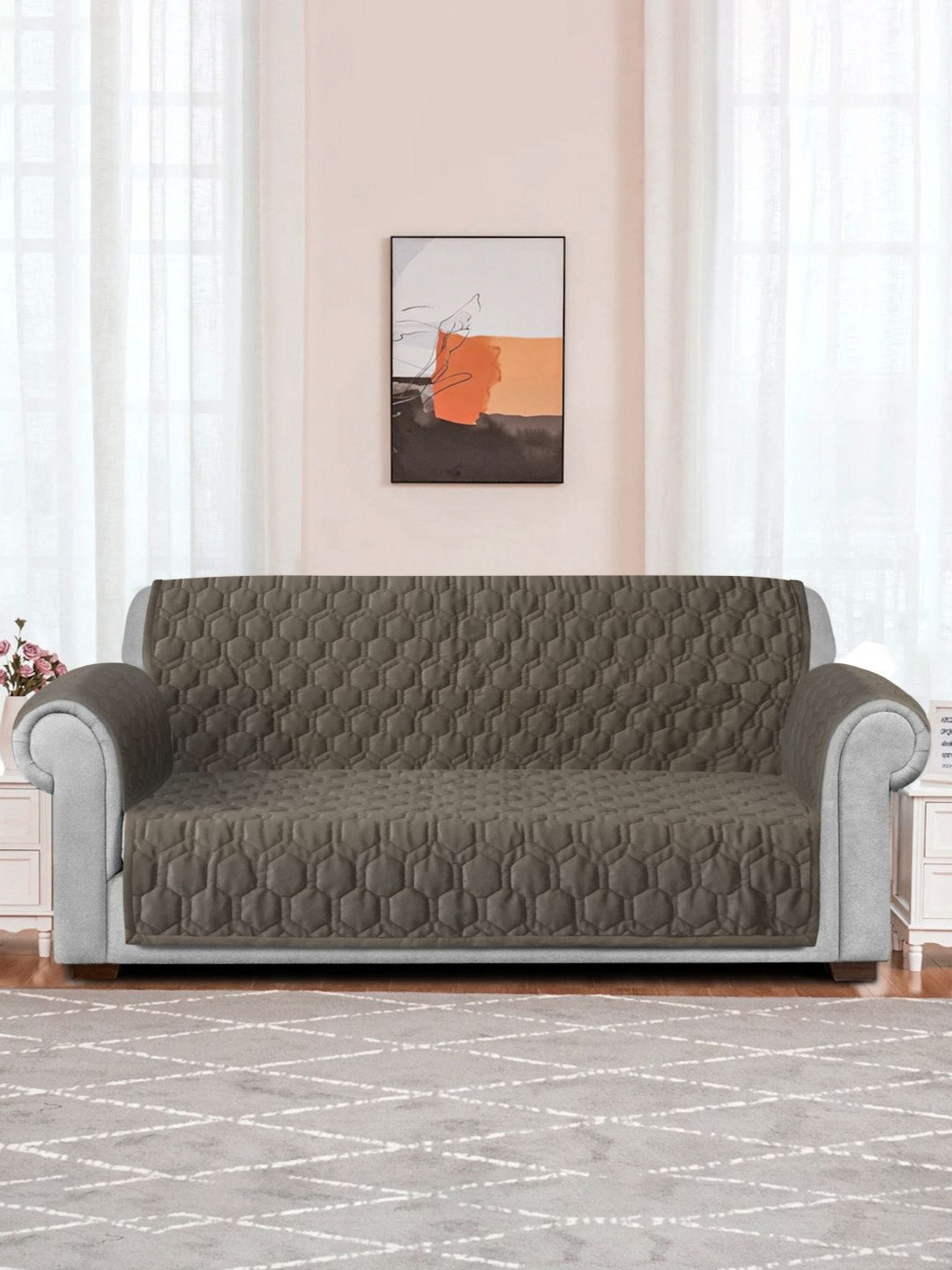 eyda Brown Honey Comb Quilted Velvet 2 Seater Anti Skid Sofa Cover with 2 pcs Hand Rest