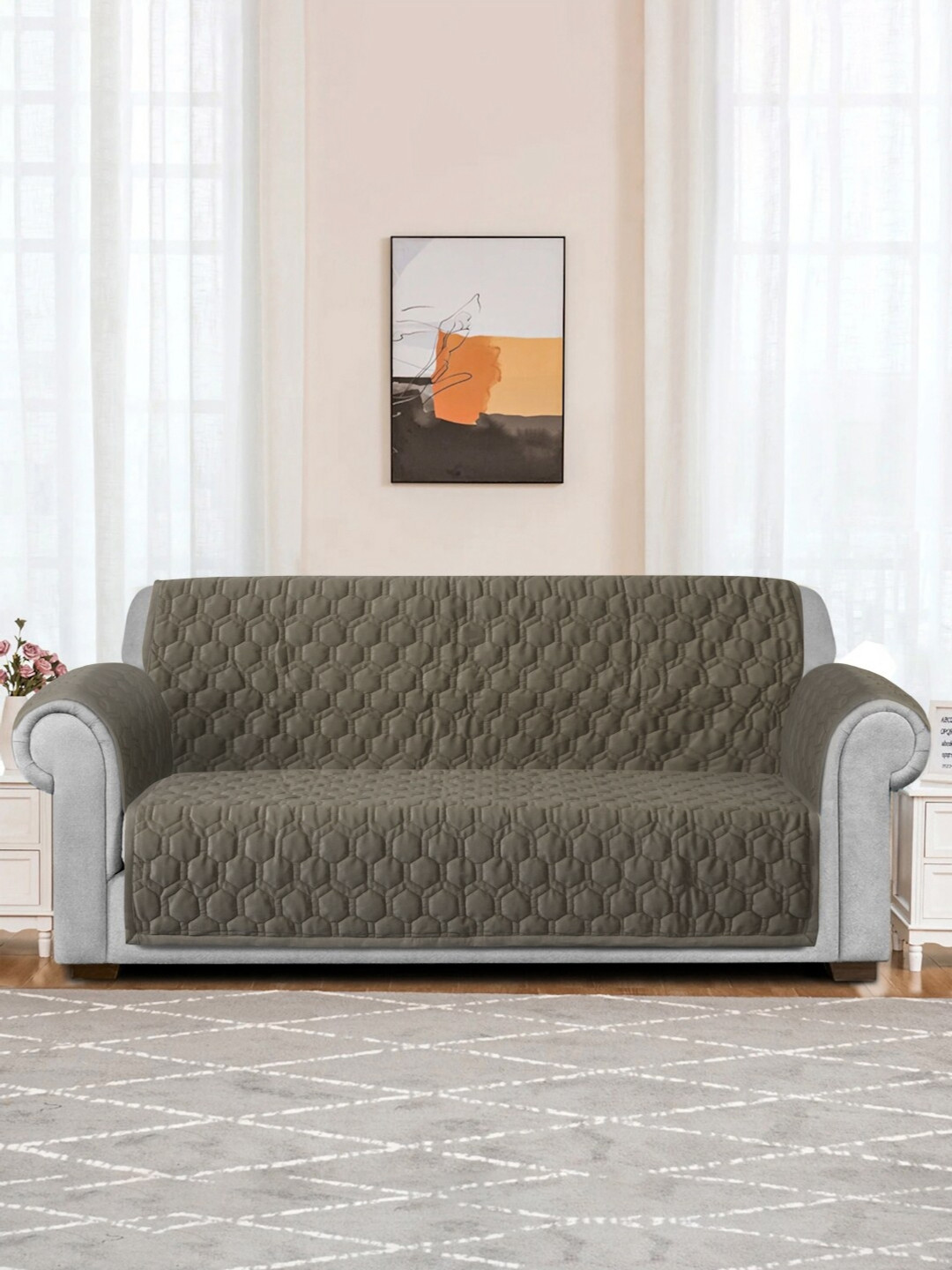eyda Brown Honey Comb Quilted Velvet 3 Seater Anti Skid Sofa Cover with 2 pcs Hand Rest