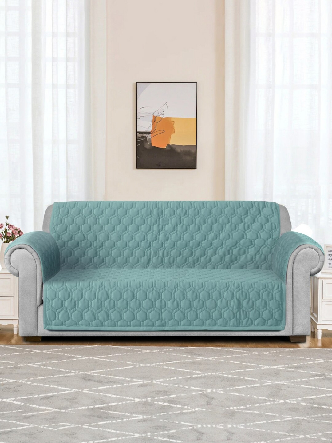 eyda Sea Green Honey Comb Quilted Velvet 3 Seater Anti Skid Sofa Cover & 2 pcs Hand Rest
