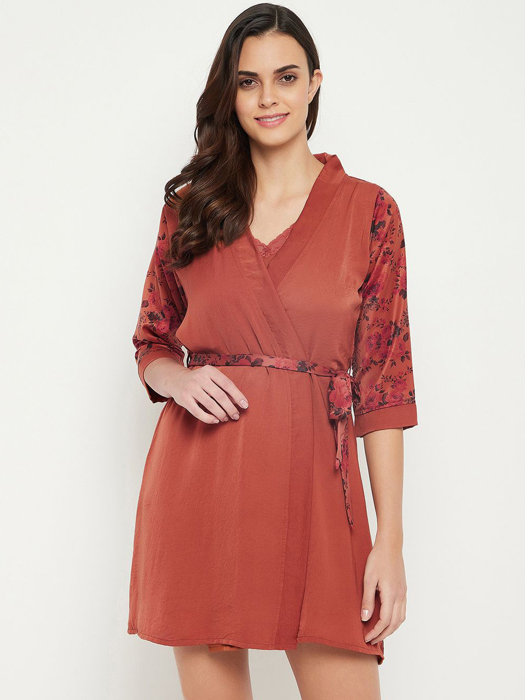 Clovia Printed Satin Mini Robe