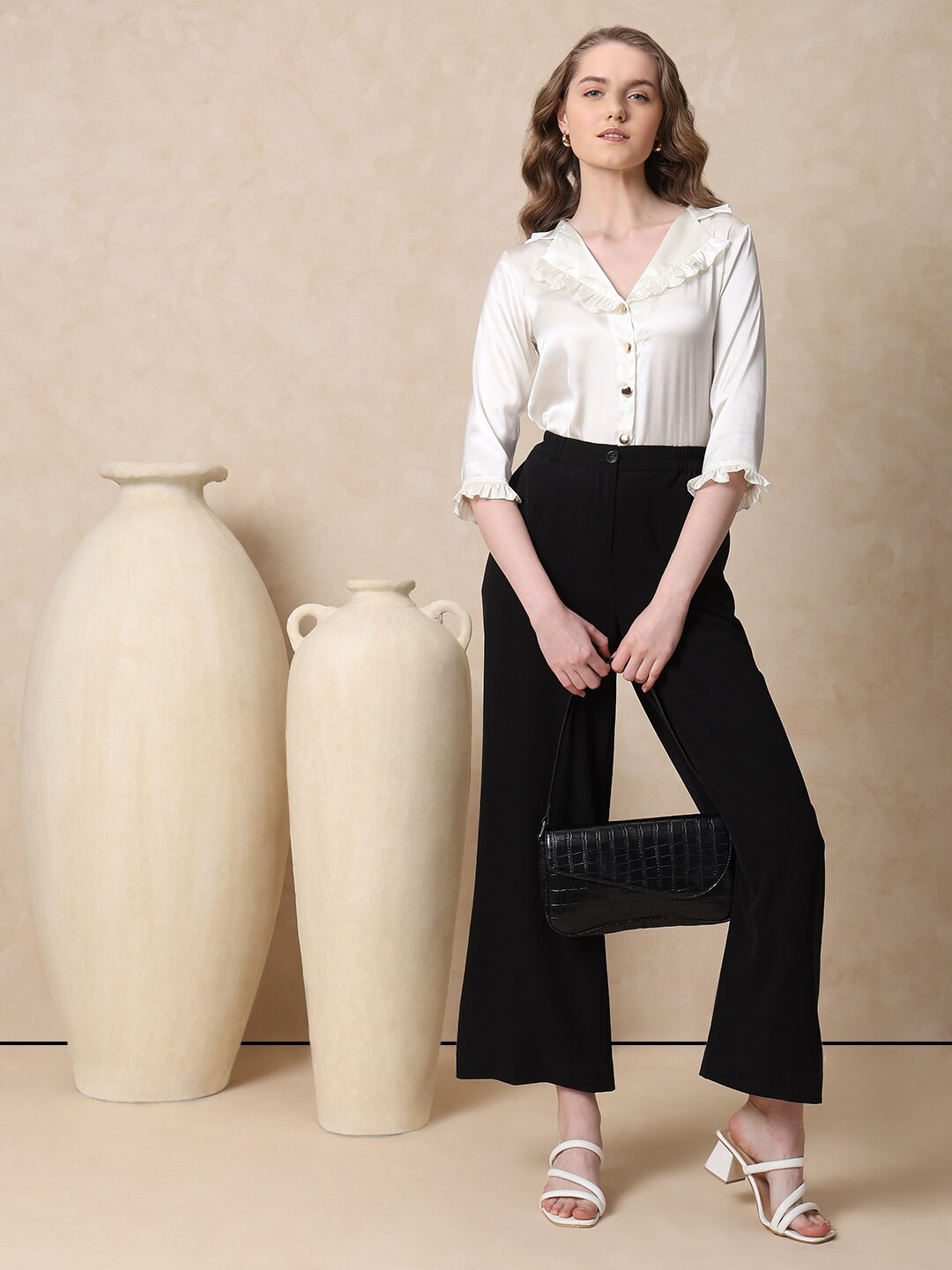 MISH Standard Off White Spread Collar Ruffles Casual Shirt