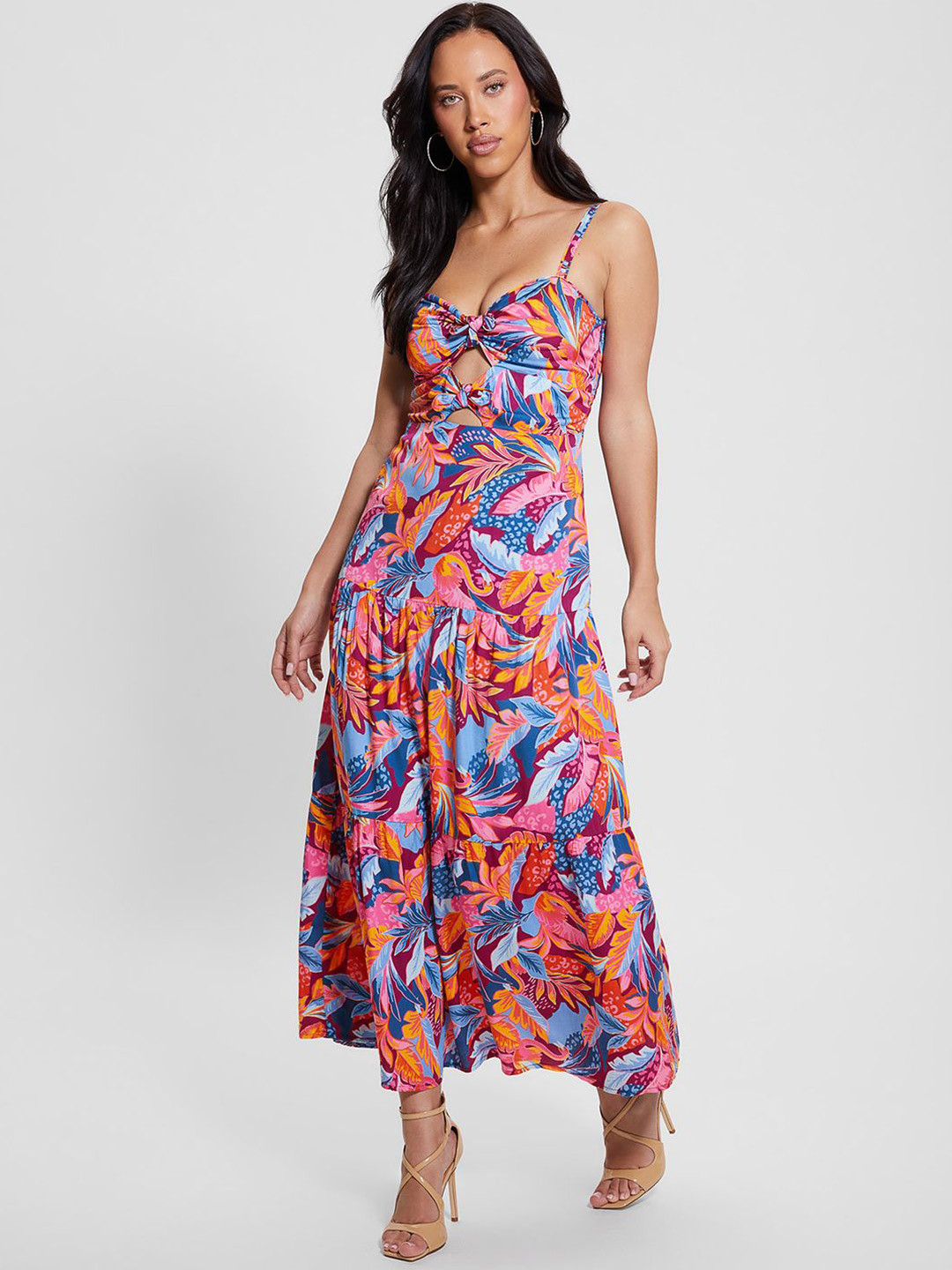GUESS Floral Print Tiered Fit & Flare Midi Dress With Cut-Outs Detail