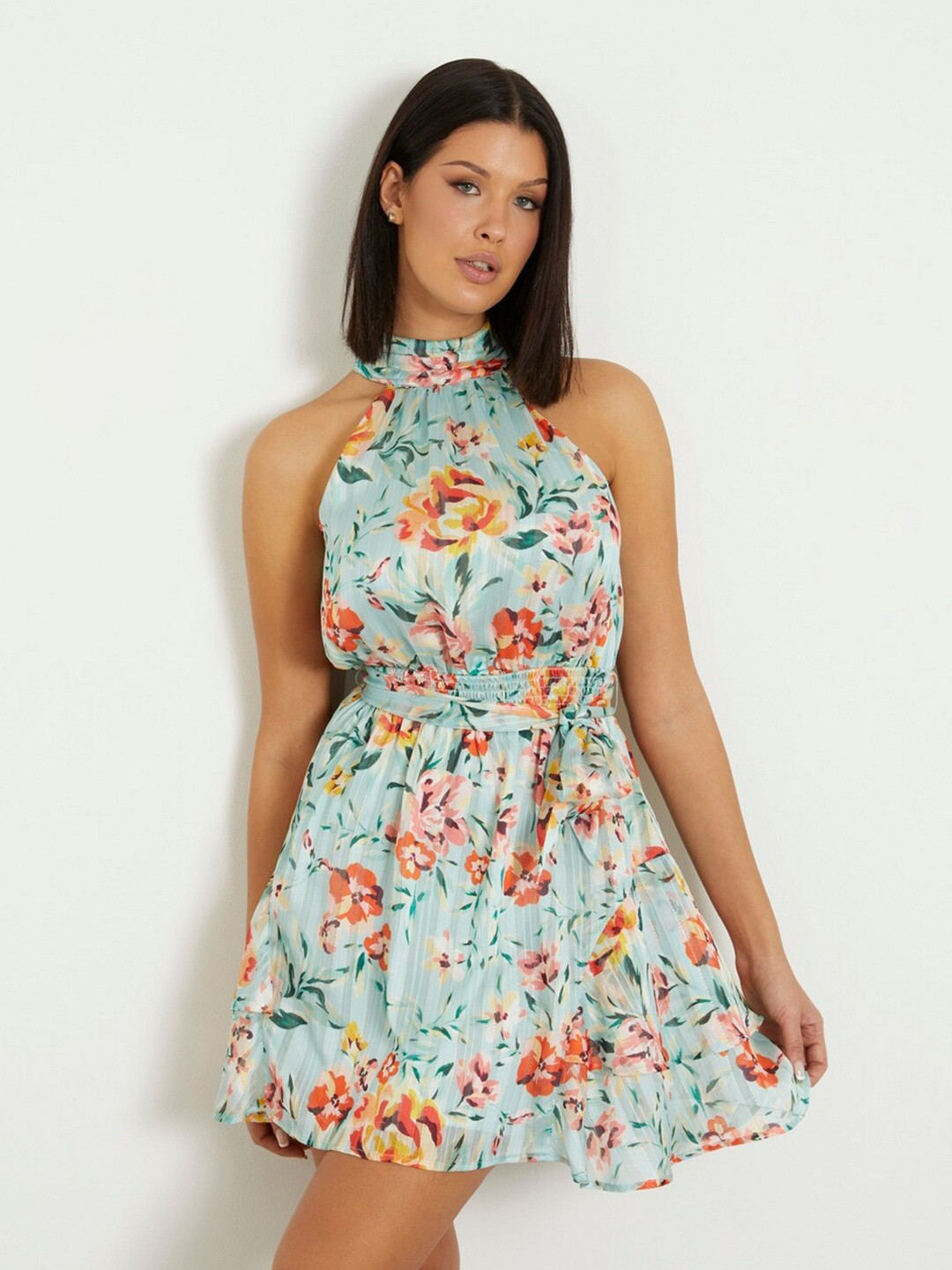 GUESS Women Floral Printed High Neck Sleeveless Layered Fit & Flare Dress