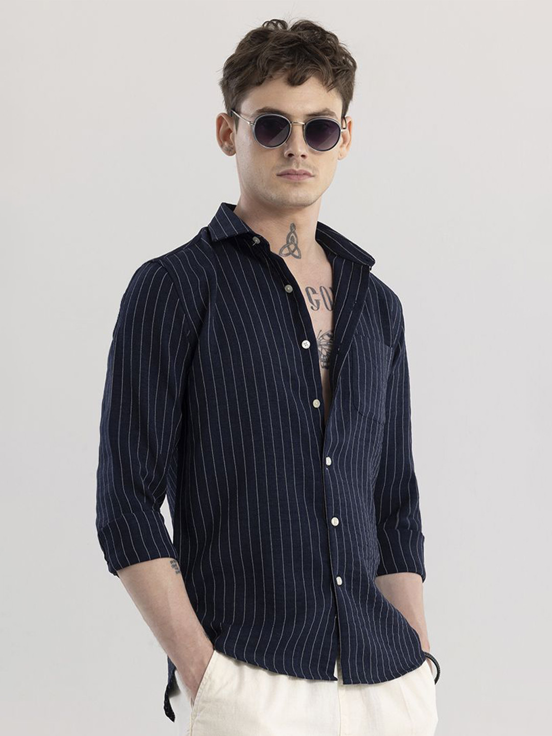 Snitch Navy Blue & White Striped Classic Slim Fit Cotton Casual Shirt